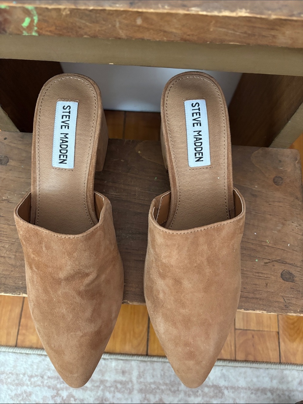 Steve Madden Camel Suede Slip-On Block Heel Mules - Picture 7 of 8